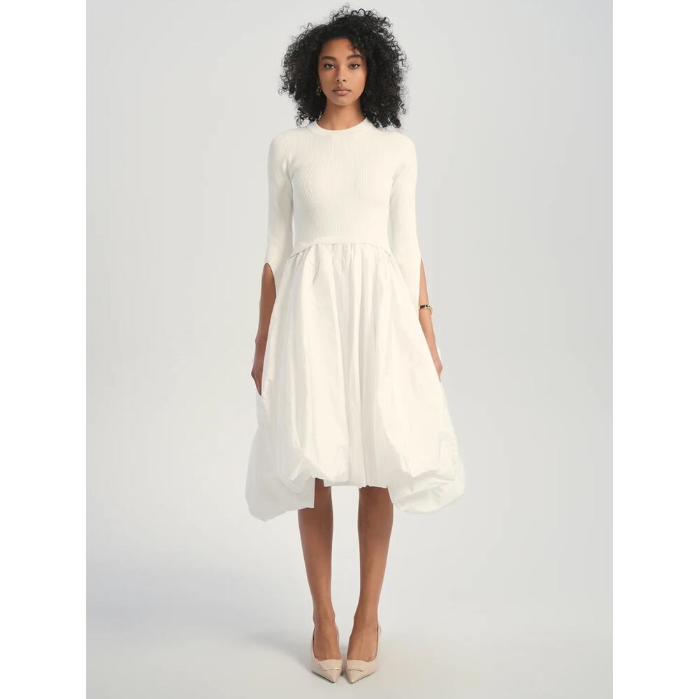 NWT Aleeza Paris Ivory Long Sleeve Round Neck Celeste Knit Bubble Dress Size M